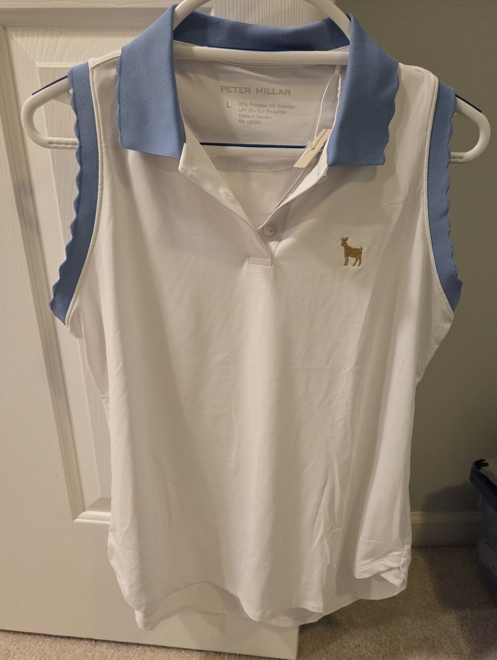 Peter Millar White Sleeveless Polo with Sky Blue Collar and Trim